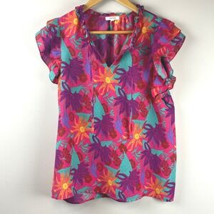 Pleione Pink Purple Tropical Ruffle Flutter Sleeve Blouse Small